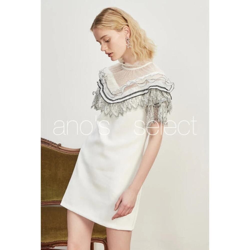 SELF-PORTRAIT PLEATED LACE TRIM MINI-DRESS US8/US4